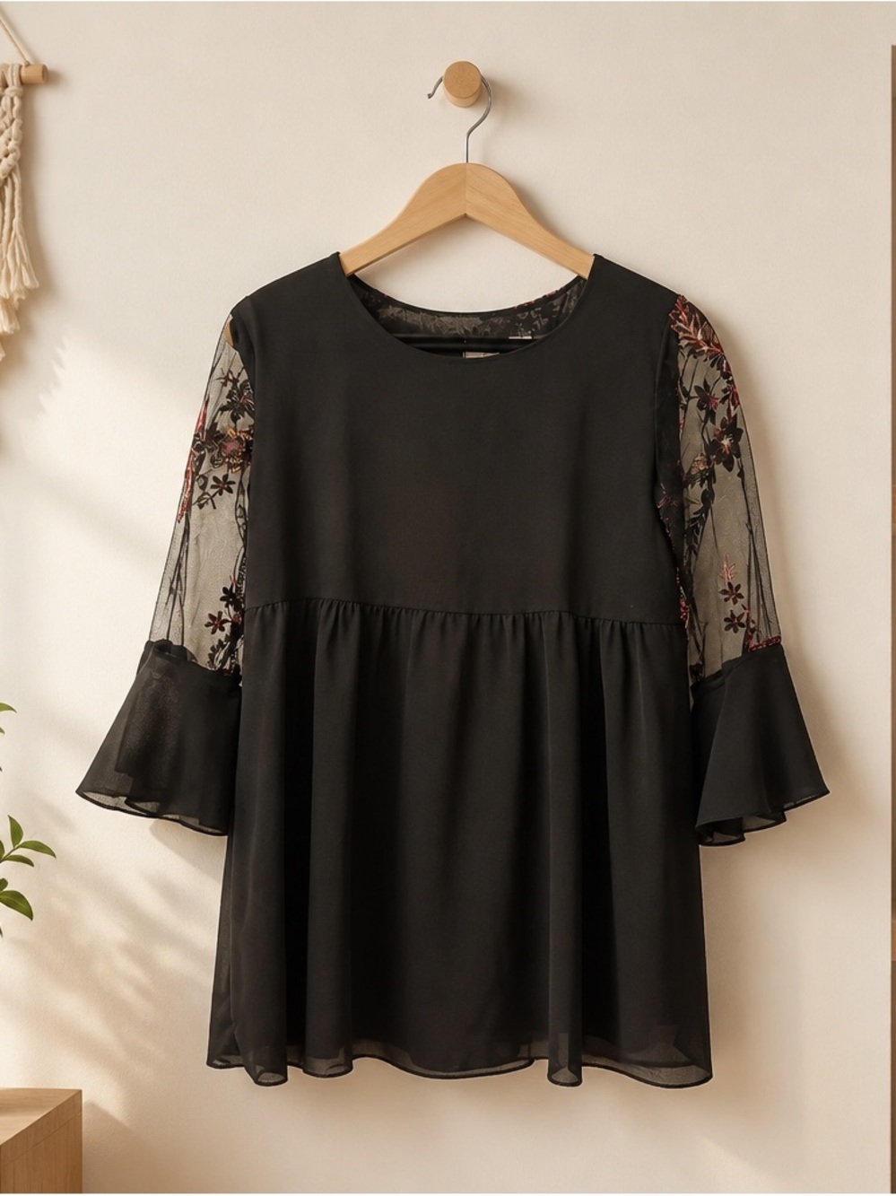 Elena Baldi Black Floral-Embroidered Sheer Sleeve Peplum Top